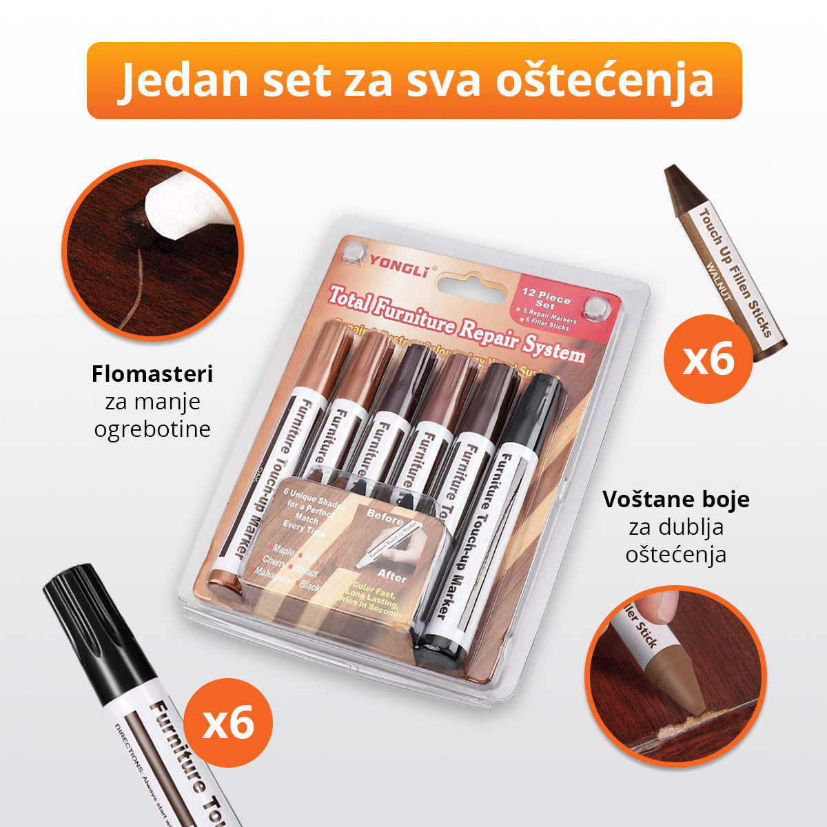 Set markera i voštanih boja za popravku ogrebotina na nameštaju